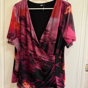 DKNY abstract faux wrap top size XL